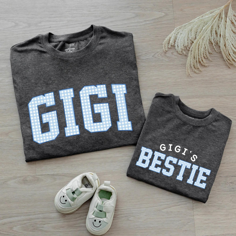 Custom Gigi and Baby Matching Shirt Set, Blue Gingham Varsity Print, Soft Cotton Tee & Bodysuit for Grandma, Mommy & Me Gift