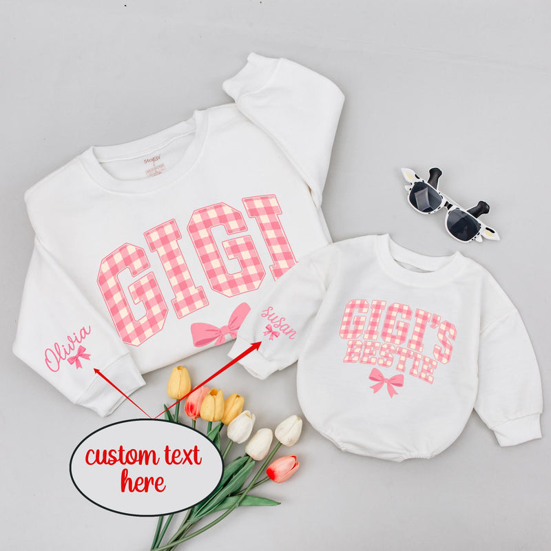 Custom Gigi and Gigi's Bestie Matching Sweatshirt & Baby Romper Set, Pink Gingham Print, Grandma Granddaughter Gift, Soft Cotton Outfit