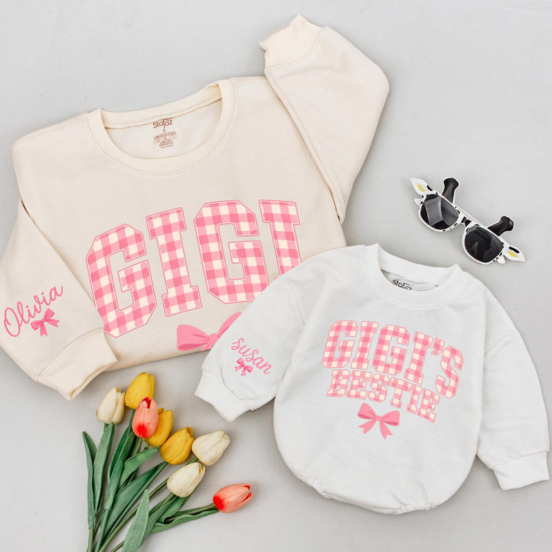 Custom Gigi and Gigi's Bestie Matching Sweatshirt & Baby Romper Set, Pink Gingham Print, Grandma Granddaughter Gift, Soft Cotton Outfit
