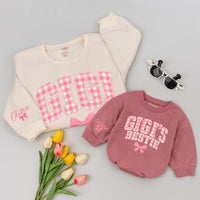 Custom Gigi and Gigi's Bestie Matching Sweatshirt & Baby Romper Set, Pink Gingham Print, Grandma Granddaughter Gift, Soft Cotton Outfit
