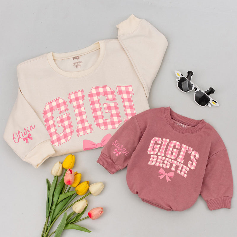 Custom Gigi and Gigi's Bestie Matching Sweatshirt & Baby Romper Set, Pink Gingham Print, Grandma Granddaughter Gift, Soft Cotton Outfit