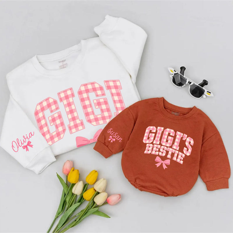 Custom Gigi and Gigi's Bestie Matching Sweatshirt & Baby Romper Set, Pink Gingham Print, Grandma Granddaughter Gift, Soft Cotton Outfit