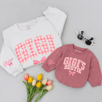 Custom Gigi and Gigi's Bestie Matching Sweatshirt & Baby Romper Set, Pink Gingham Print, Grandma Granddaughter Gift, Soft Cotton Outfit