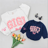 Custom Gigi and Gigi's Bestie Matching Sweatshirt & Baby Romper Set, Pink Gingham Print, Grandma Granddaughter Gift, Soft Cotton Outfit