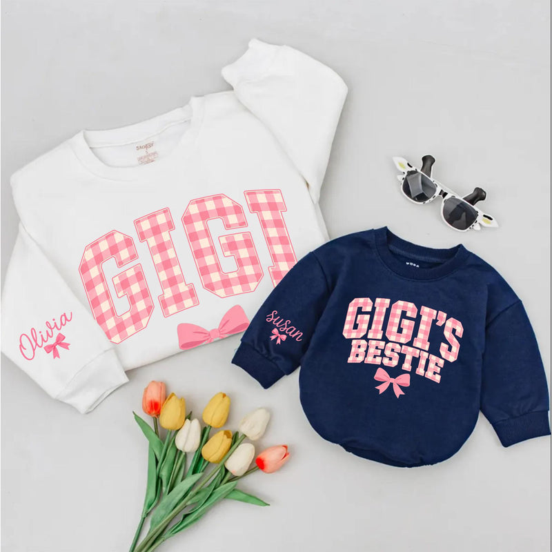 Custom Gigi and Gigi's Bestie Matching Sweatshirt & Baby Romper Set, Pink Gingham Print, Grandma Granddaughter Gift, Soft Cotton Outfit