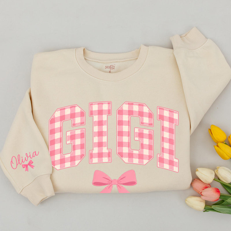 Custom Gigi and Gigi's Bestie Matching Sweatshirt & Baby Romper Set, Pink Gingham Print, Grandma Granddaughter Gift, Soft Cotton Outfit