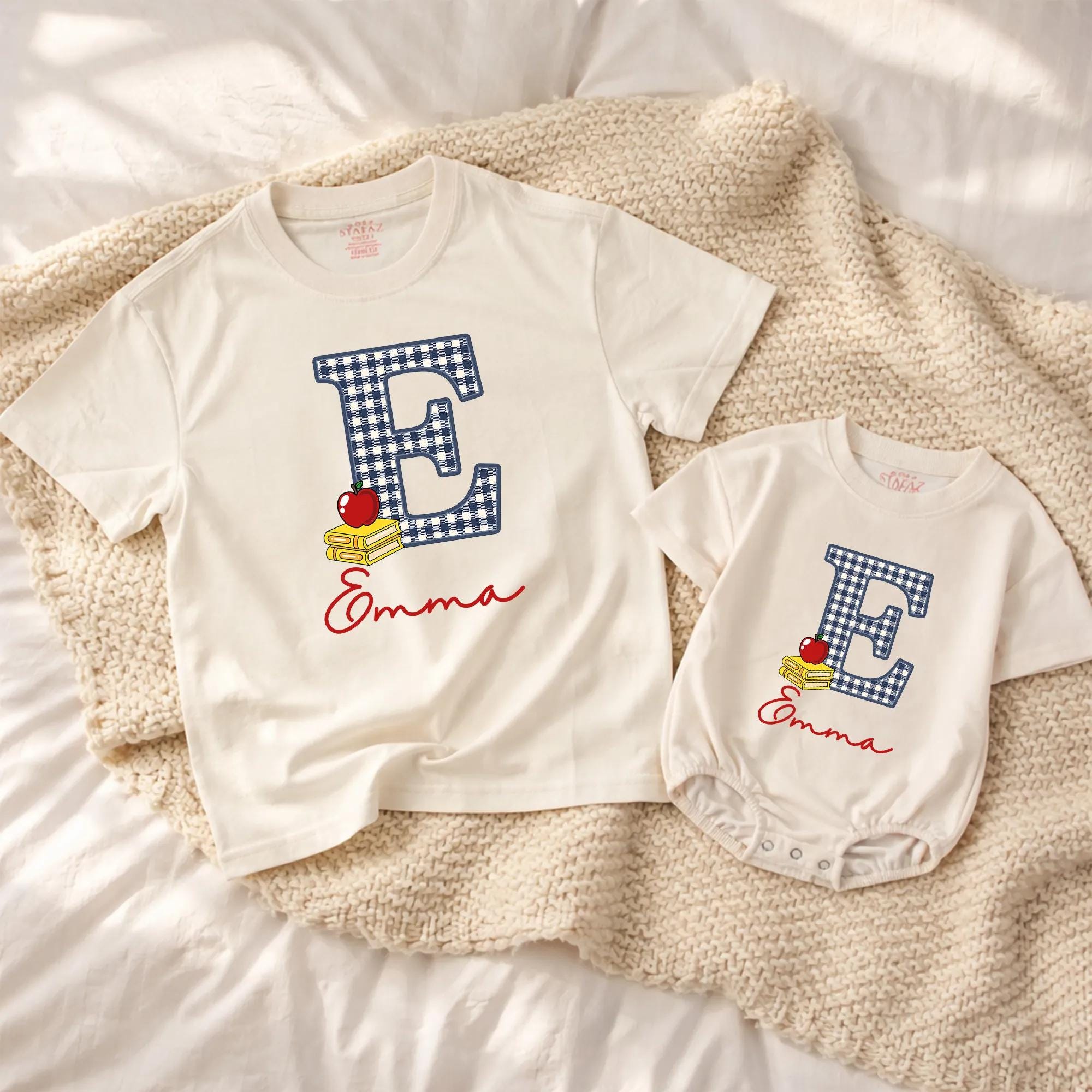 Custom Gingham E Baby Romper with Name Emma School-Themed Outfit Toddler Birthday Clothes Soft Cotton Red Apple Yellow Book Design