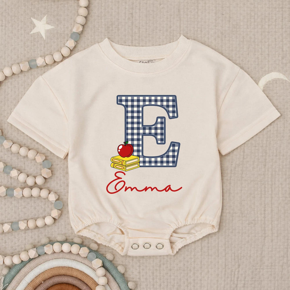 Custom Gingham E Baby Romper with Name Emma School-Themed Outfit Toddler Birthday Clothes Soft Cotton Red Apple Yellow Book Design