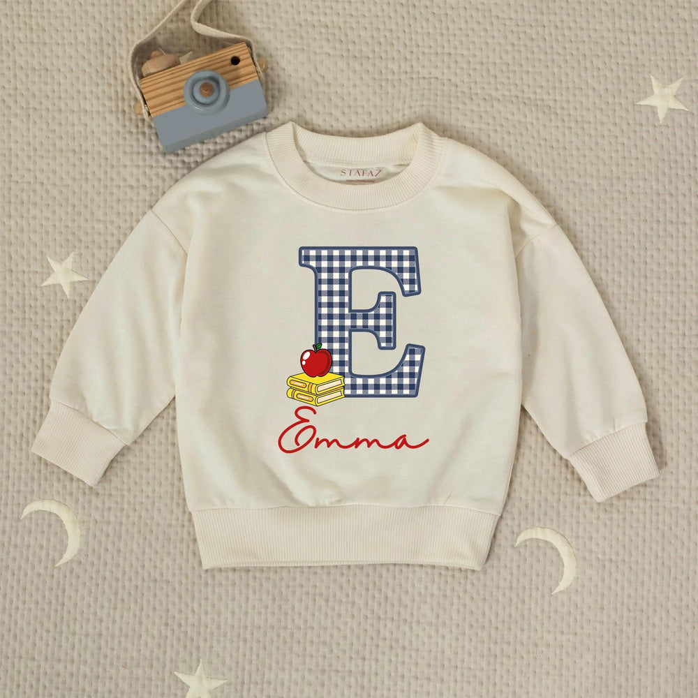 Custom Gingham E Baby Romper with Name Emma School-Themed Outfit Toddler Birthday Clothes Soft Cotton Red Apple Yellow Book Design