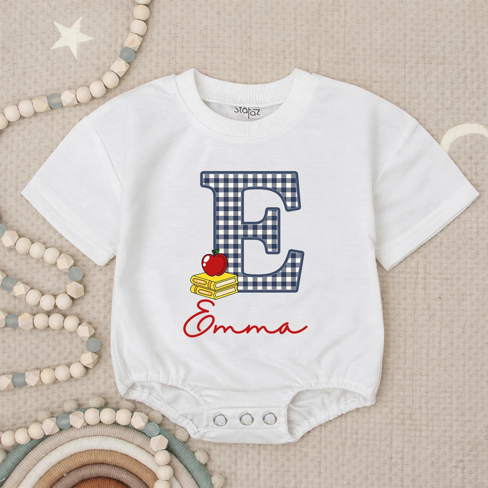 Custom Gingham E Baby Romper with Name Emma School-Themed Outfit Toddler Birthday Clothes Soft Cotton Red Apple Yellow Book Design