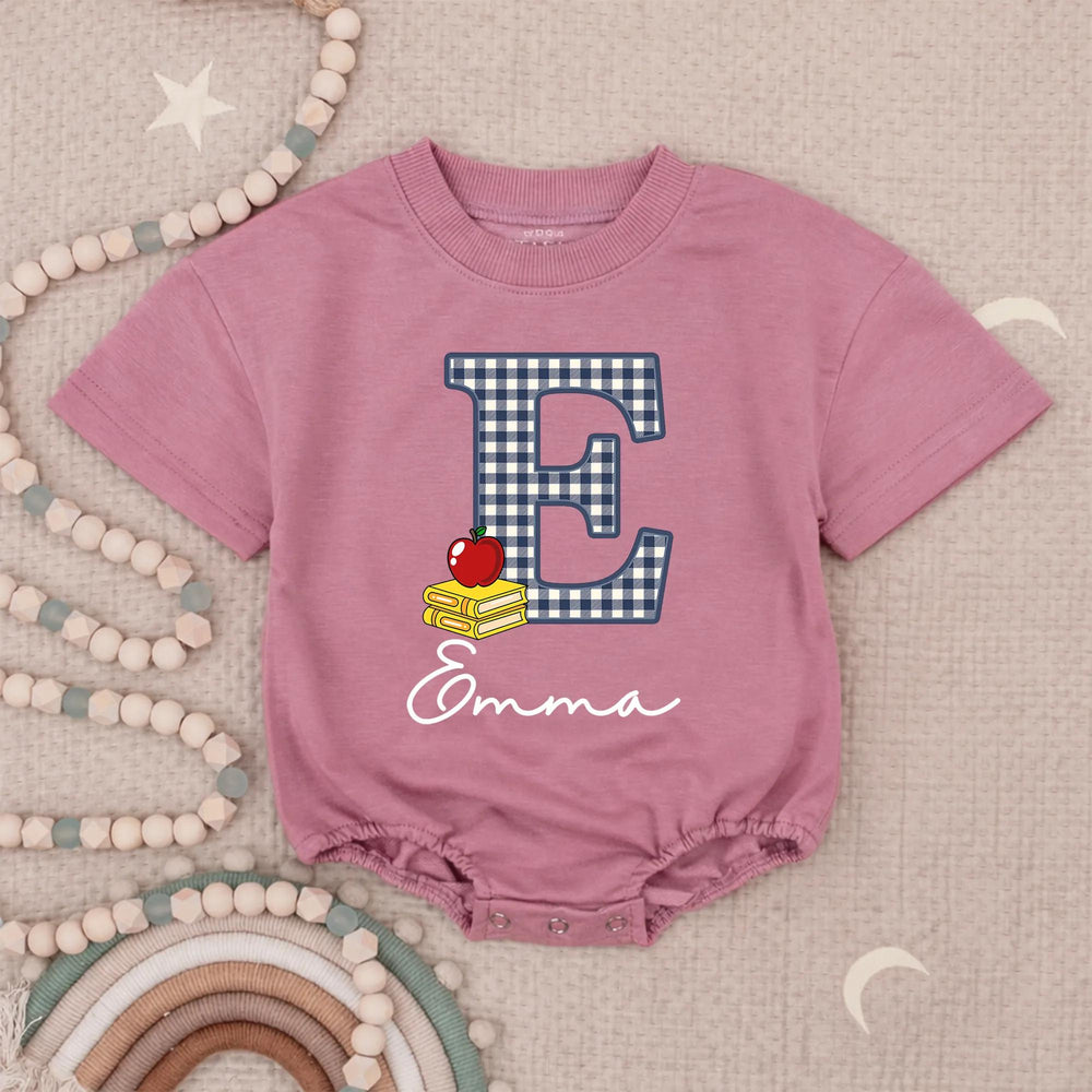 Custom Gingham E Baby Romper with Name Emma School-Themed Outfit Toddler Birthday Clothes Soft Cotton Red Apple Yellow Book Design