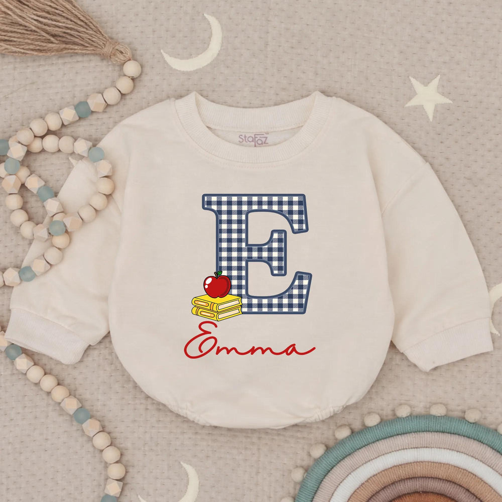 Custom Gingham E Baby Romper with Name Emma School-Themed Outfit Toddler Birthday Clothes Soft Cotton Red Apple Yellow Book Design