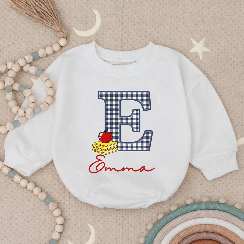 Custom Gingham E Baby Romper with Name Emma School-Themed Outfit Toddler Birthday Clothes Soft Cotton Red Apple Yellow Book Design