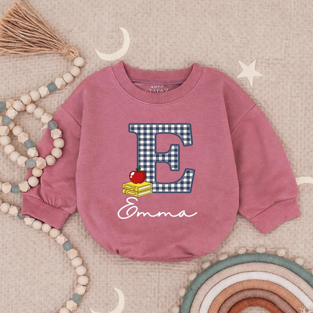 Custom Gingham E Baby Romper with Name Emma School-Themed Outfit Toddler Birthday Clothes Soft Cotton Red Apple Yellow Book Design