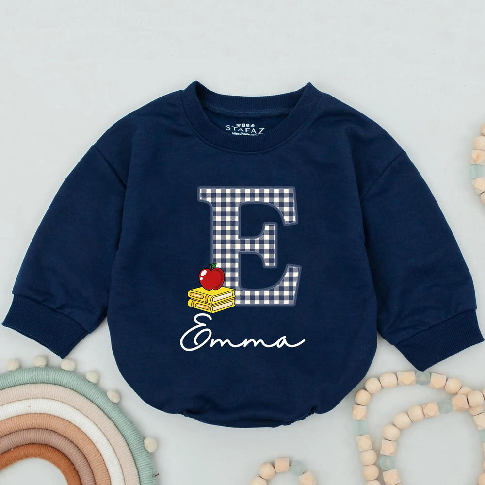 Custom Gingham E Baby Romper with Name Emma School-Themed Outfit Toddler Birthday Clothes Soft Cotton Red Apple Yellow Book Design