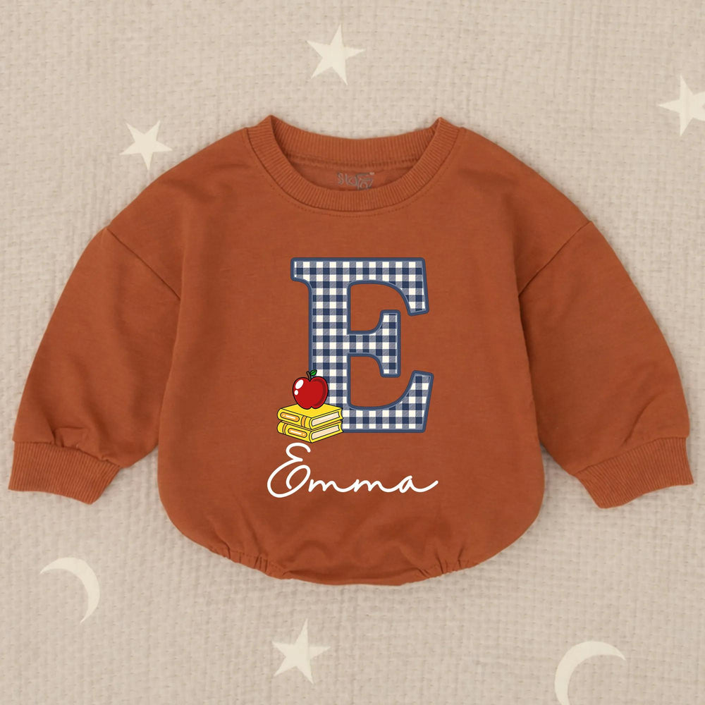 Custom Gingham E Baby Romper with Name Emma School-Themed Outfit Toddler Birthday Clothes Soft Cotton Red Apple Yellow Book Design