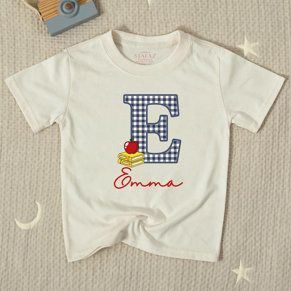 Custom Gingham E Baby Romper with Name Emma School-Themed Outfit Toddler Birthday Clothes Soft Cotton Red Apple Yellow Book Design