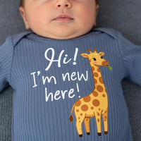 Custom Giraffe Baby Bodysuit & Hat Set, Hi I'm New Here, Soft Ribbed Cotton Outfit for Newborn, Coming Home, Personalized Name Gift