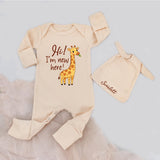 Custom Giraffe Baby Bodysuit & Hat Set, Hi I'm New Here, Soft Ribbed Cotton Outfit for Newborn, Coming Home, Personalized Name Gift