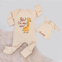 Custom Giraffe Baby Bodysuit & Hat Set, Hi I'm New Here, Soft Ribbed Cotton Outfit for Newborn, Coming Home, Personalized Name Gift