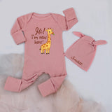 Custom Giraffe Baby Bodysuit & Hat Set, Hi I'm New Here, Soft Ribbed Cotton Outfit for Newborn, Coming Home, Personalized Name Gift