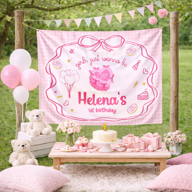 Custom Girls Just Wanna Be One Birthday Banner Pink Bow Backdrop for Baby Toddler Party Decorations Whimsical Cake Design First Celebration