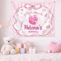 Custom Girls Just Wanna Be One Birthday Banner Pink Bow Backdrop for Baby Toddler Party Decorations Whimsical Cake Design First Celebration