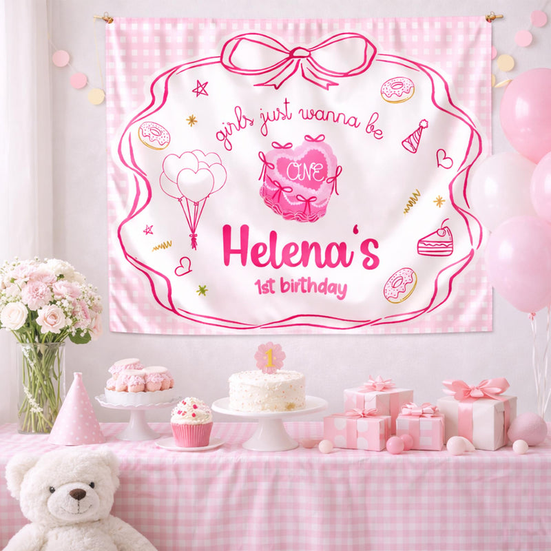 Custom Girls Just Wanna Be One Birthday Banner Pink Bow Backdrop for Baby Toddler Party Decorations Whimsical Cake Design First Celebration