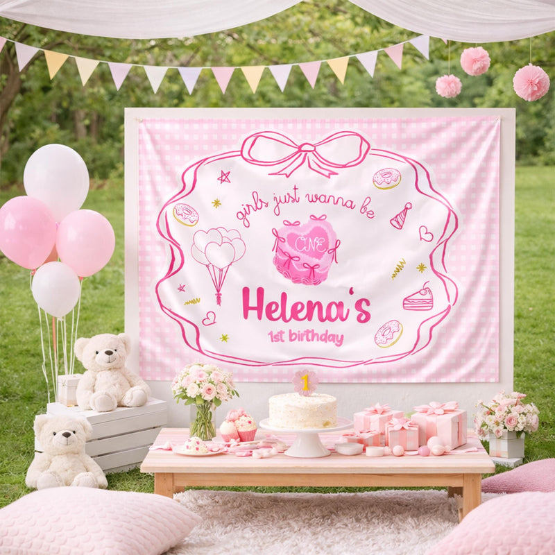 Custom Girls Just Wanna Be One Birthday Banner Pink Bow Backdrop for Baby Toddler Party Decorations Whimsical Cake Design First Celebration