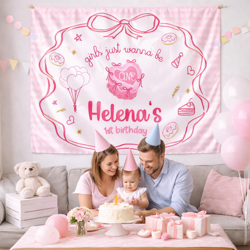 Custom Girls Just Wanna Be One Birthday Banner Pink Bow Backdrop for Baby Toddler Party Decorations Whimsical Cake Design First Celebration