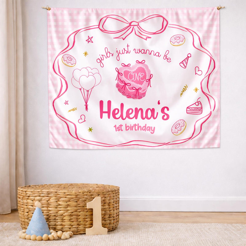 Custom Girls Just Wanna Be One Birthday Banner Pink Bow Backdrop for Baby Toddler Party Decorations Whimsical Cake Design First Celebration