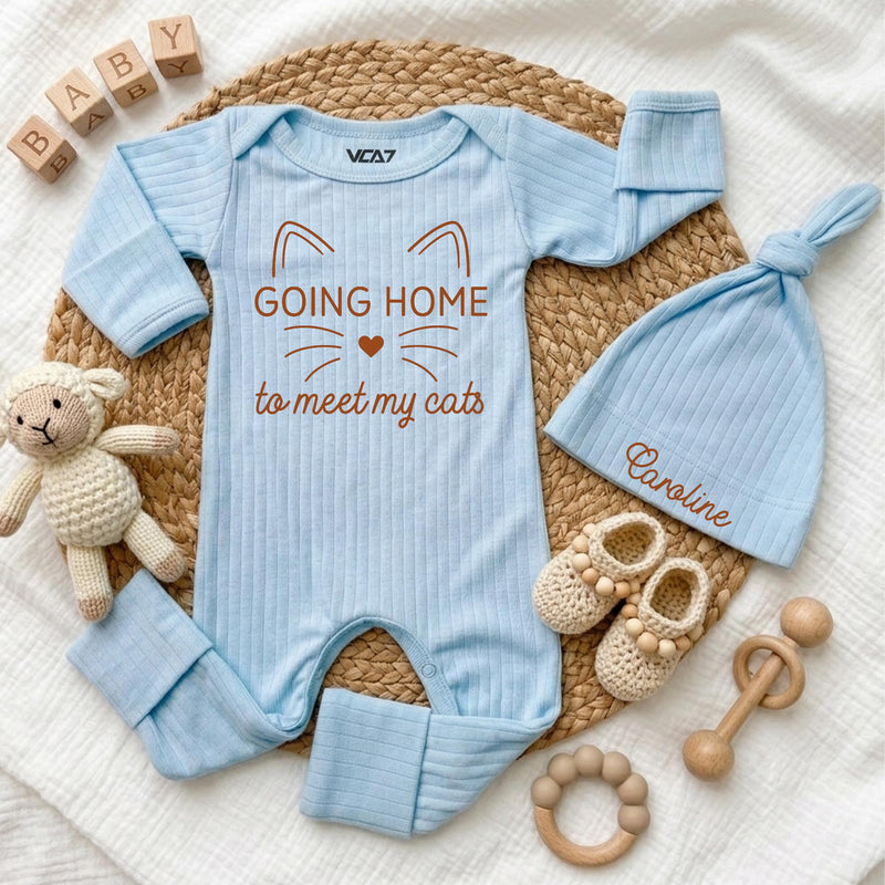 Custom Going Home to Meet My Cats Baby Bodysuit Set with Hat, Soft Cotton Newborn Outfit for Cat Lovers, Perfect Baby Shower Gift