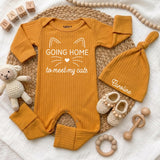Custom Going Home to Meet My Cats Baby Bodysuit Set with Hat, Soft Cotton Newborn Outfit for Cat Lovers, Perfect Baby Shower Gift