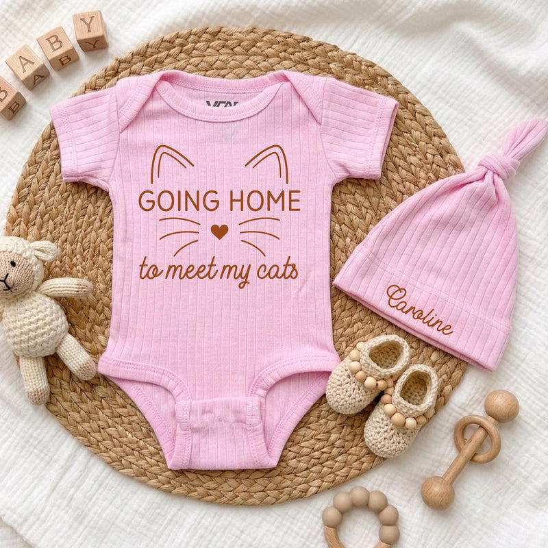 Custom Going Home to Meet My Cats Baby Bodysuit Set with Hat, Soft Cotton Newborn Outfit for Cat Lovers, Perfect Baby Shower Gift