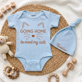 Custom Going Home to Meet My Cats Baby Bodysuit Set with Hat, Soft Cotton Newborn Outfit for Cat Lovers, Perfect Baby Shower Gift