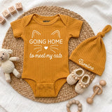 Custom Going Home to Meet My Cats Baby Bodysuit Set with Hat, Soft Cotton Newborn Outfit for Cat Lovers, Perfect Baby Shower Gift