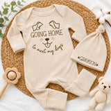 Custom Going Home to Meet My Dogs Baby Bodysuit and Hat Set, Neutral Beige Outfit for Newborns, Soft Cotton Baby Shower Gift, Personalized Name