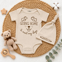 Custom Going Home to Meet My Dogs Baby Bodysuit and Hat Set, Neutral Beige Outfit for Newborns, Soft Cotton Baby Shower Gift, Personalized Name