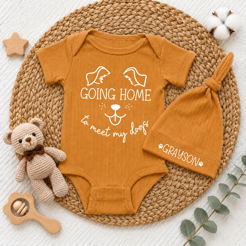 Custom Going Home to Meet My Dogs Baby Bodysuit and Hat Set, Neutral Beige Outfit for Newborns, Soft Cotton Baby Shower Gift, Personalized Name