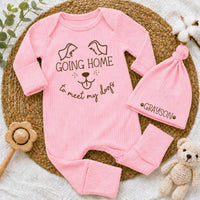 Custom Going Home to Meet My Dogs Baby Bodysuit and Hat Set, Neutral Beige Outfit for Newborns, Soft Cotton Baby Shower Gift, Personalized Name