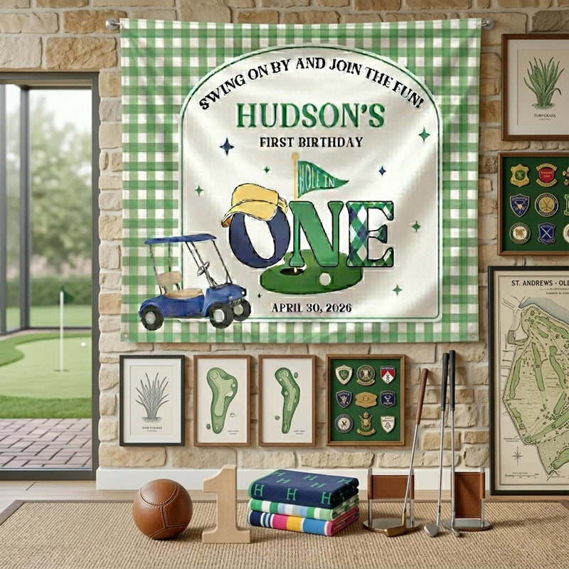 Custom Golf 1st Birthday Bubble Romper & Silk Banner, Hole in One Outfit for Baby Boy, Soft Cotton, Perfect for Milestone Photos
