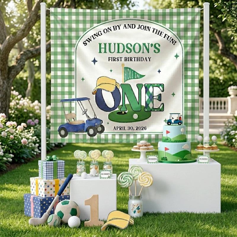 Custom Golf 1st Birthday Bubble Romper & Silk Banner, Hole in One Outfit for Baby Boy, Soft Cotton, Perfect for Milestone Photos