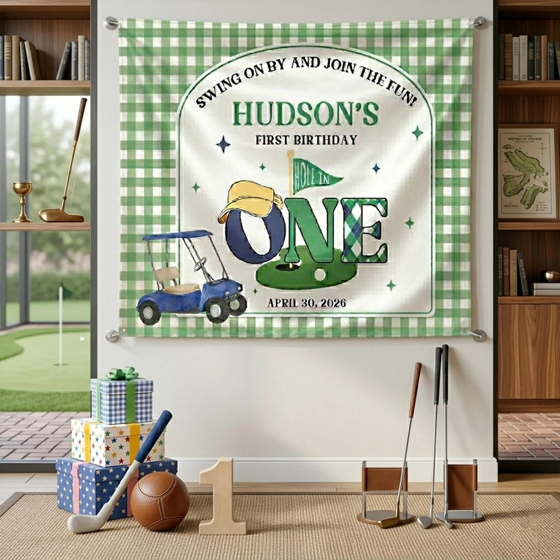 Custom Golf 1st Birthday Bubble Romper & Silk Banner, Hole in One Outfit for Baby Boy, Soft Cotton, Perfect for Milestone Photos