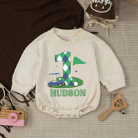 Custom Golf 1st Birthday Bubble Romper & Silk Banner, Hole in One Outfit for Baby Boy, Soft Cotton, Perfect for Milestone Photos