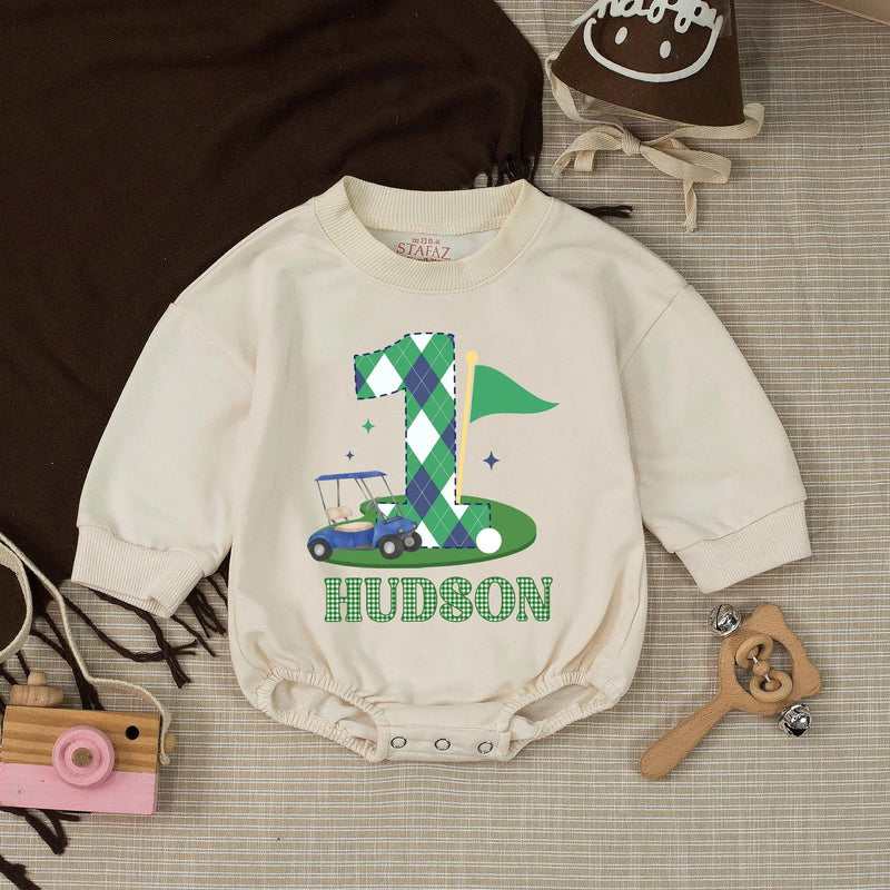 Custom Golf 1st Birthday Bubble Romper & Silk Banner, Hole in One Outfit for Baby Boy, Soft Cotton, Perfect for Milestone Photos