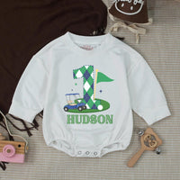 Custom Golf 1st Birthday Bubble Romper & Silk Banner, Hole in One Outfit for Baby Boy, Soft Cotton, Perfect for Milestone Photos