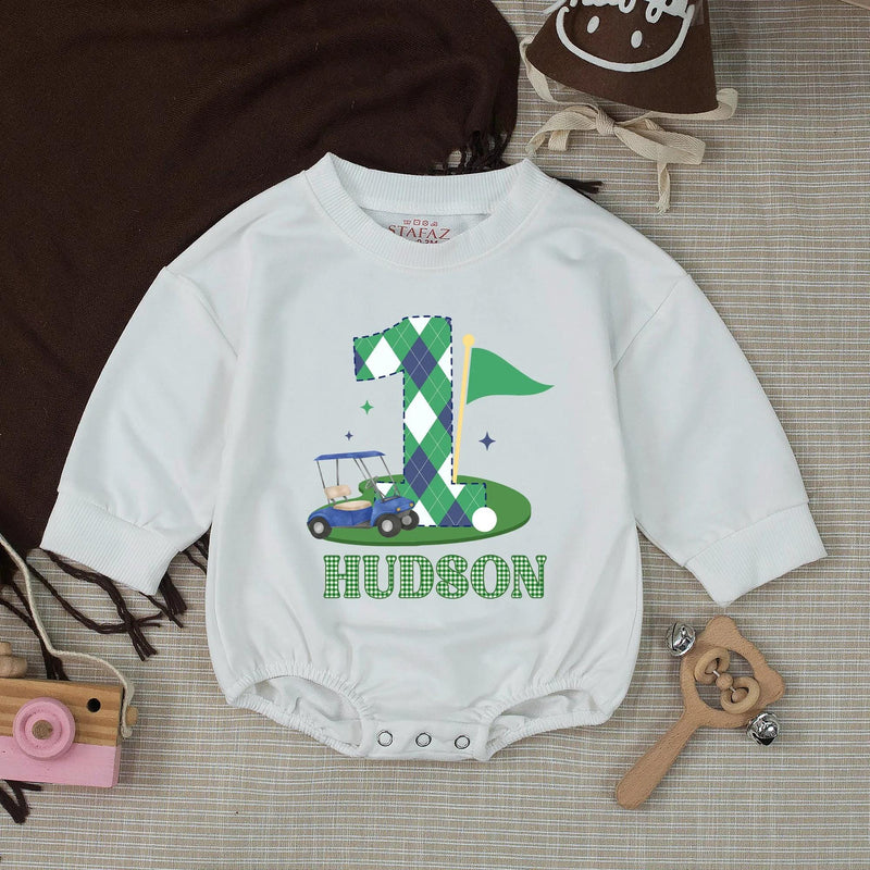 Custom Golf 1st Birthday Bubble Romper & Silk Banner, Hole in One Outfit for Baby Boy, Soft Cotton, Perfect for Milestone Photos