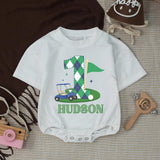 Custom Golf 1st Birthday Bubble Romper & Silk Banner, Hole in One Outfit for Baby Boy, Soft Cotton, Perfect for Milestone Photos