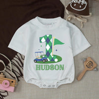 Custom Golf 1st Birthday Bubble Romper & Silk Banner, Hole in One Outfit for Baby Boy, Soft Cotton, Perfect for Milestone Photos