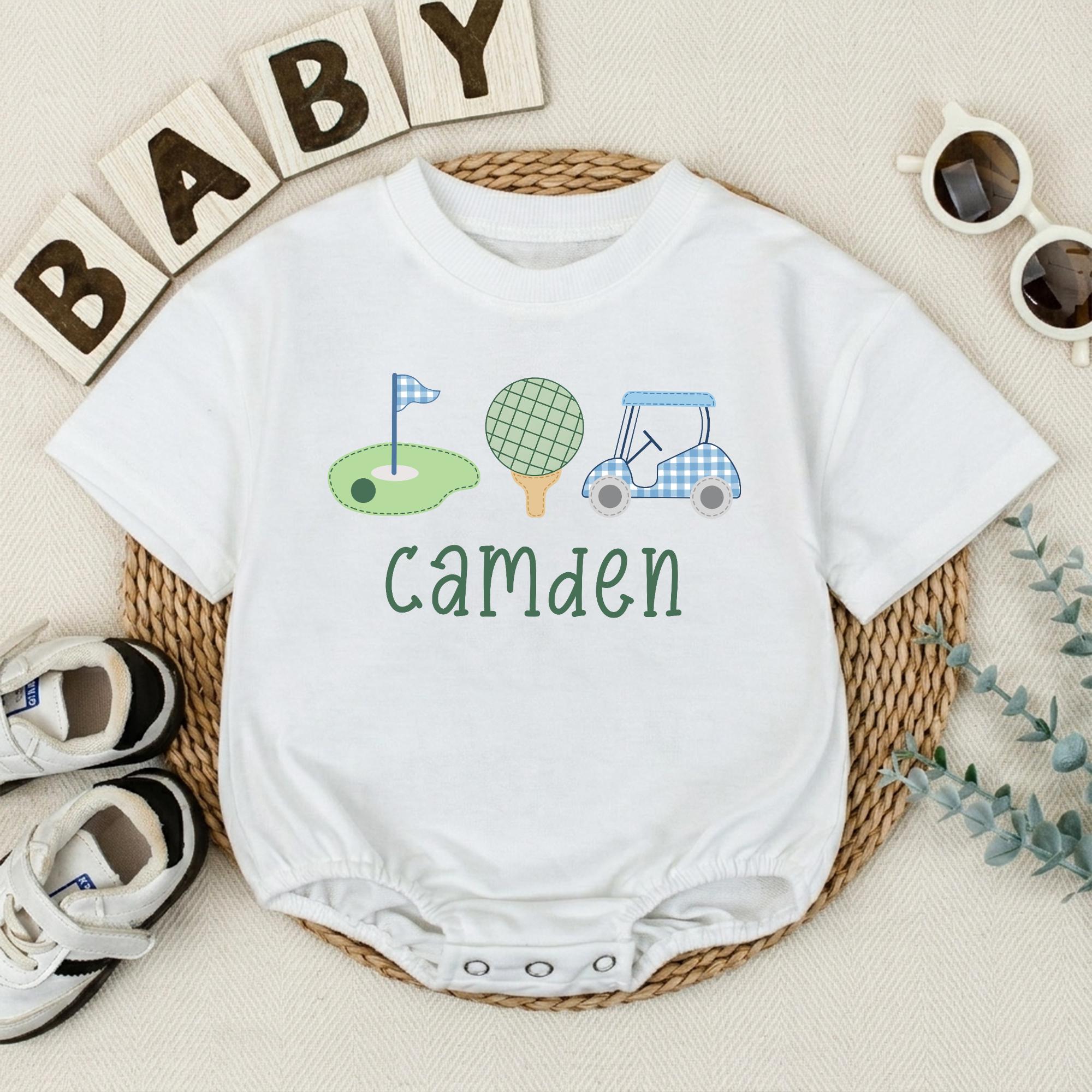 Custom Golf Baby Romper with Name, Soft Cotton Short Sleeve Outfit, Golf Themed Baby Clothes for Newborns, Baby Shower or Coming Home Gift
